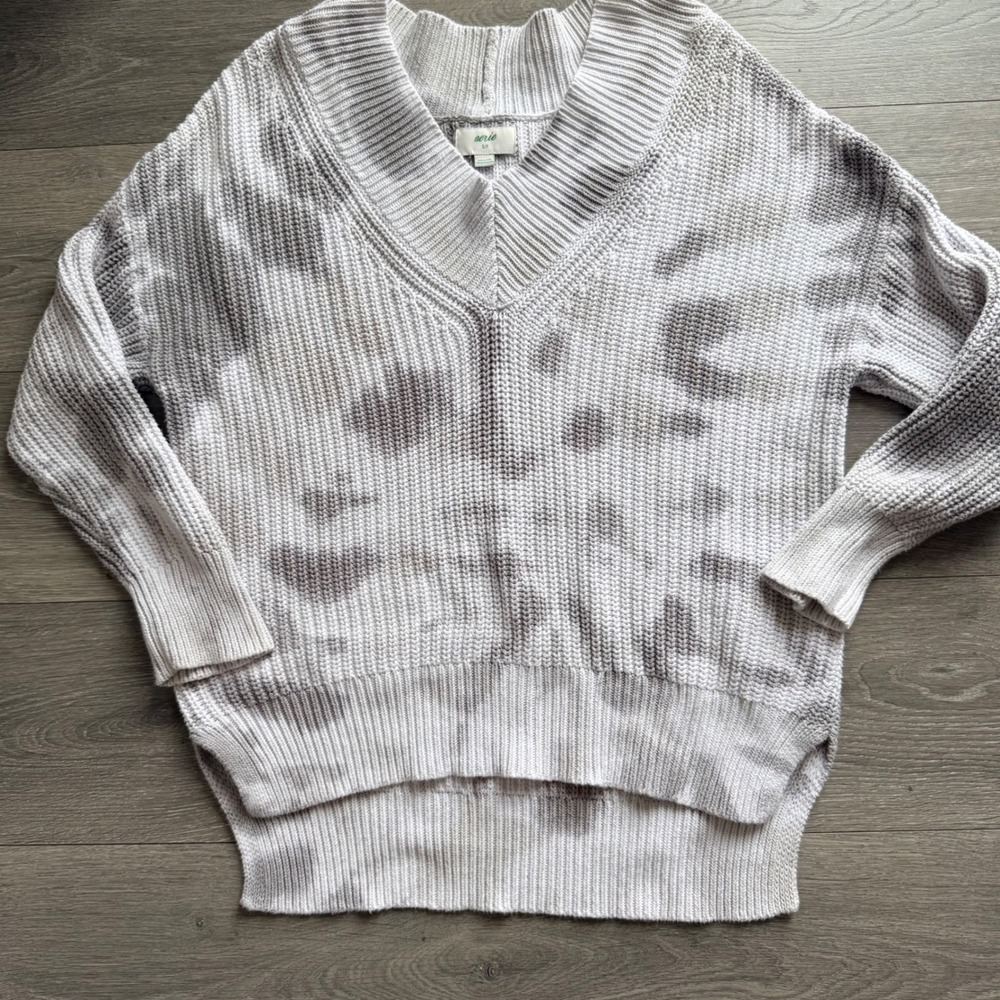 Aerie Womens Grey White Tie Dye Oversized Shaker Knit V-Neck Cotton Sweater S